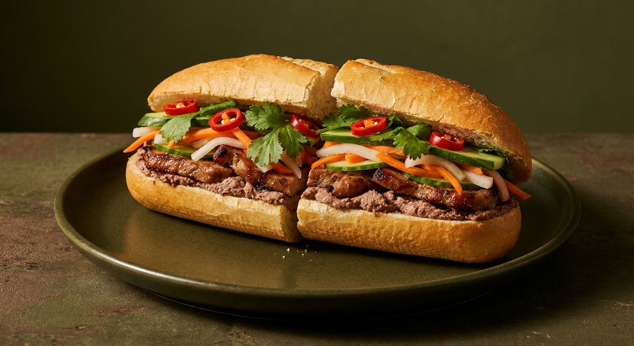 Bánh Mì Sài Gòn — vietnamesisches Baguette mit gegrilltem Fleisch und eingelegtem Gemüse