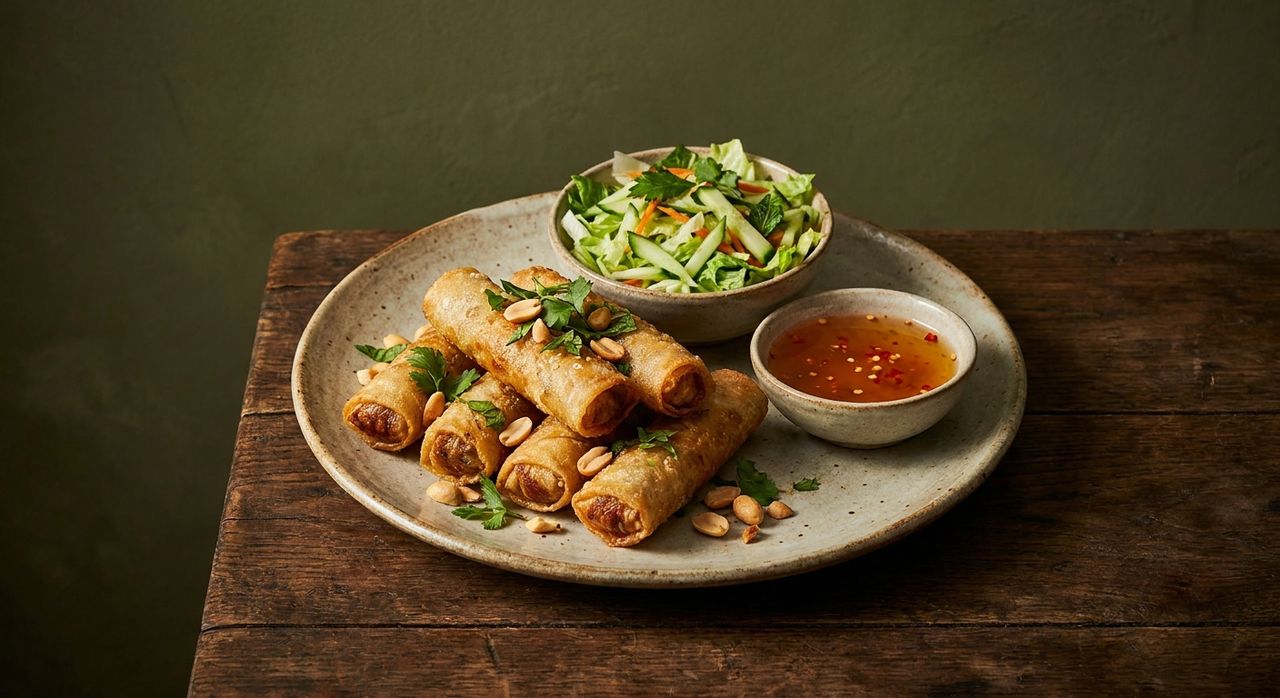 Knusprige Frühlingsrollen mit kleinem Salat und Chili-Limetten-Sauce