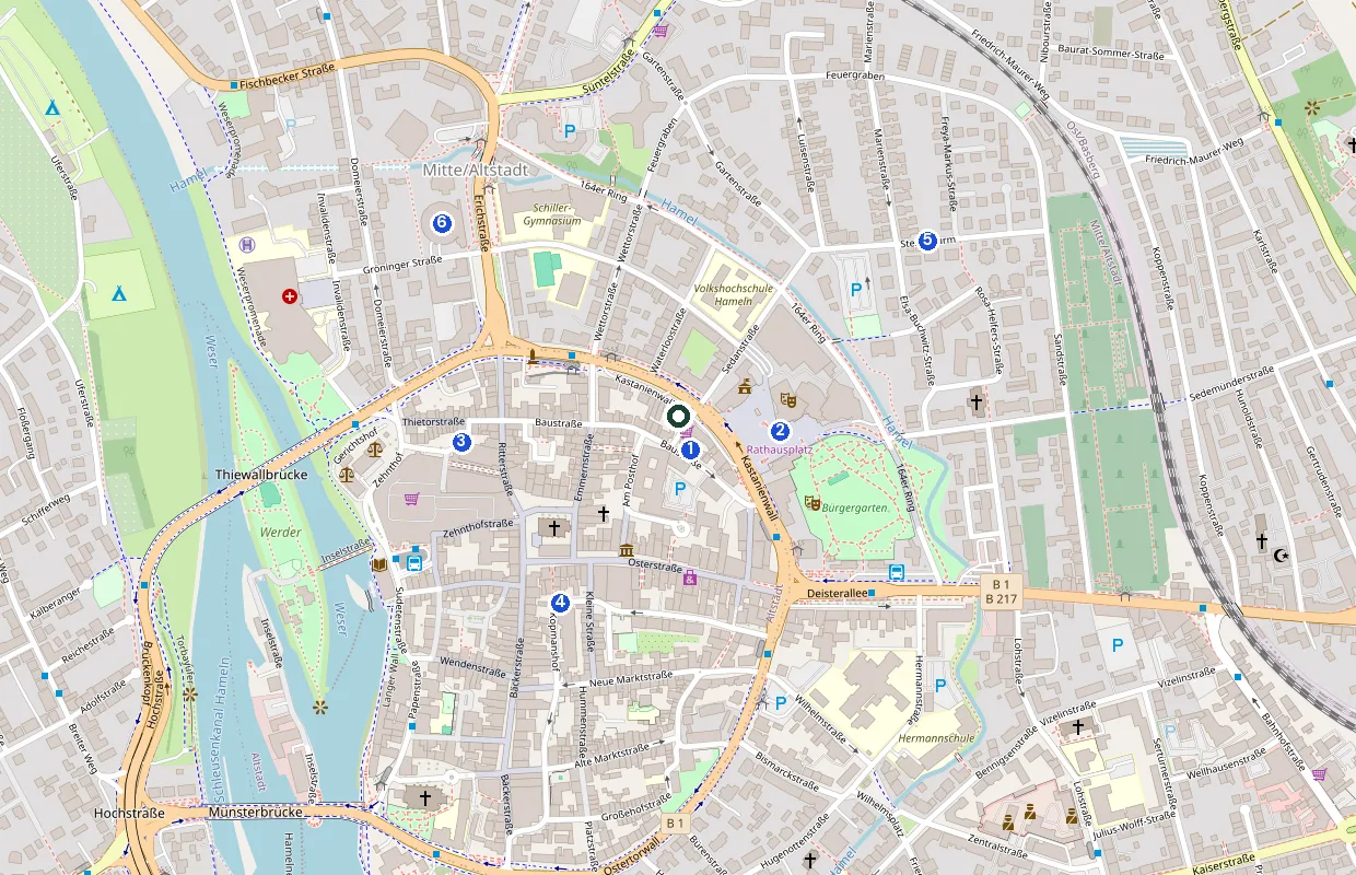 Karte: JURY Restaurant am Kastanienwall 32 und sechs Parkmöglichkeiten in der Hamelner Altstadt