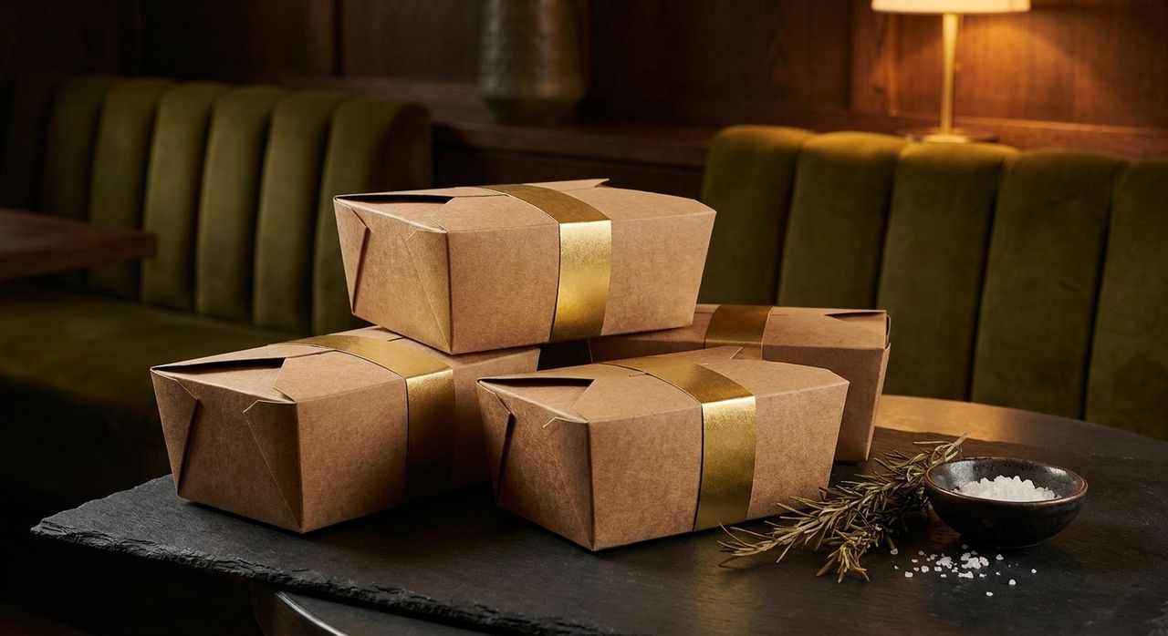 Hochwertige Mitnahme-Verpackung von JURY mit goldenem Band